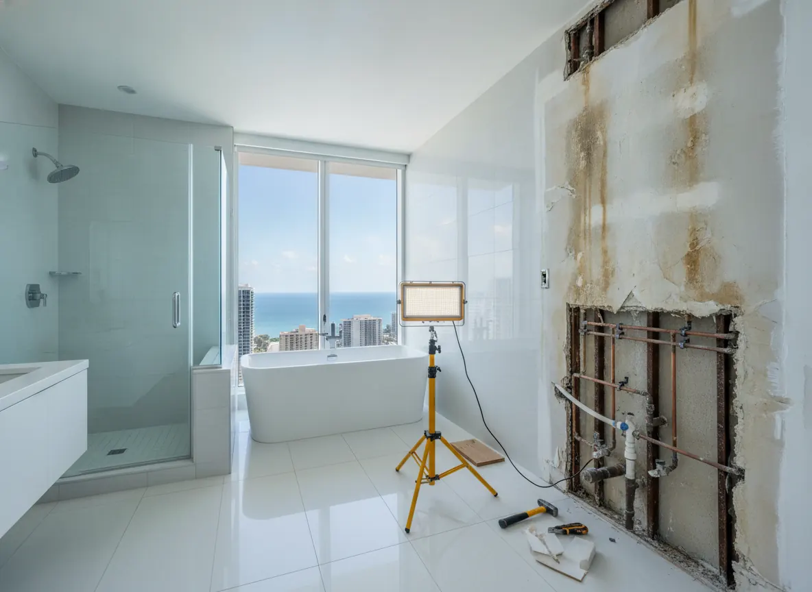 Condo bathroom wall opened up to expose framing (illustration)