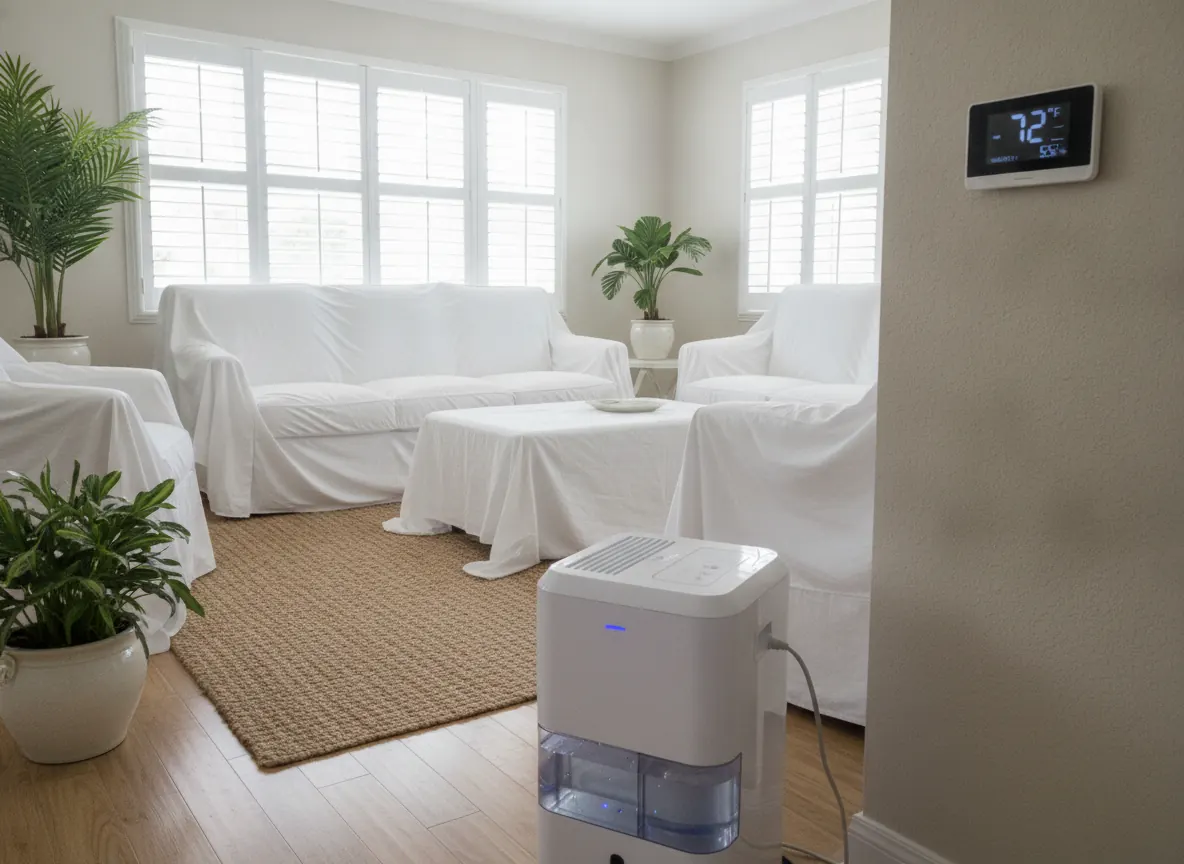 Closed-up seasonal home with a dehumidifier running (illustration)